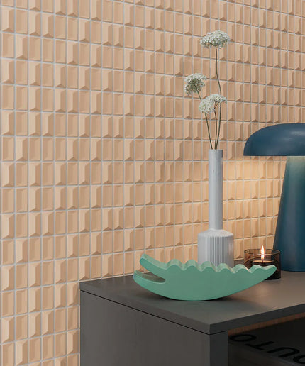 Diamond_topaz_matt-walls Decorative elements on a shelf against a patterned wall