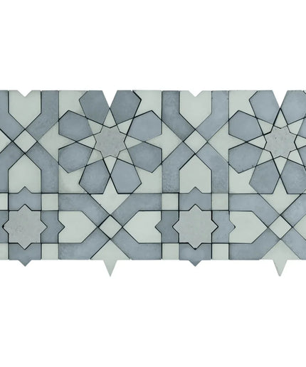 Alpana fes ocean mosaic stone tile. Geometric tile pattern with star shapes in gray and white on a white background