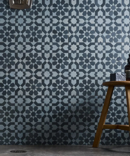 Patterned wallpaper with a wooden stool and bathroom items in the foreground