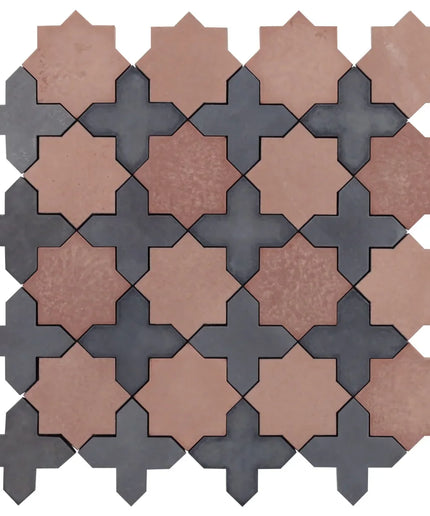 Alpana mara tiles single piece. Pattern of interlocking star-shaped tiles in brown and gray on a white background.