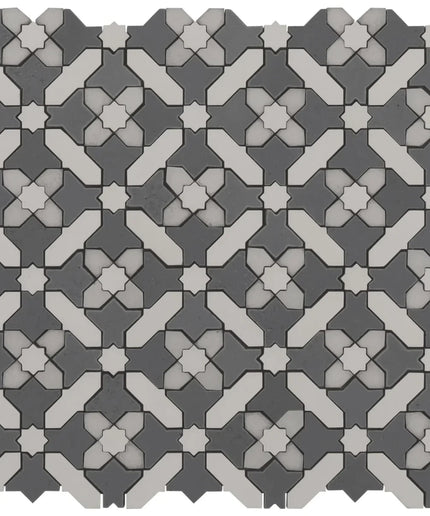 Alpana safi cloud mosaic stone tile. Mosaic pattern of interlocking shapes in gray and white