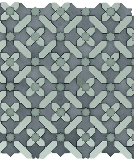 Alpana safi ocean mosaic stone tile. Geometric tile pattern in shades of gray and green