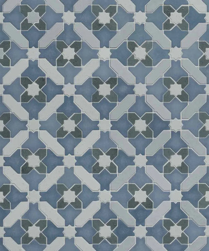 Patterned tile design with blue, gray, and white colors