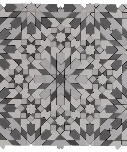 Alpana taza cloud 14x14 mosaic tile. Geometric mosaic pattern in gray tones on a white background