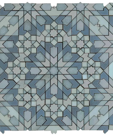 Alpana taza ocean 14x14 mosaic tile. Mosaic pattern of blue and gray tiles on a white background