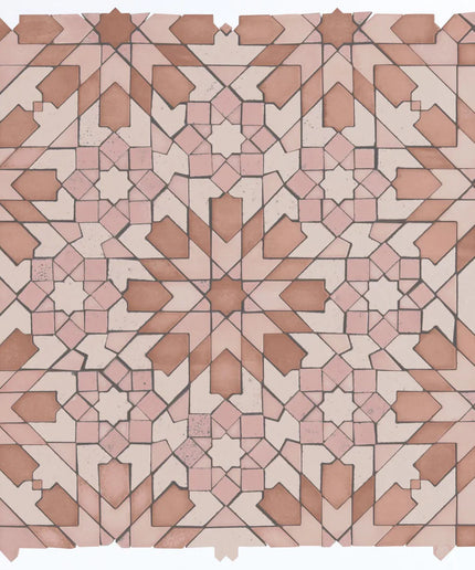 Alpana taza terra 14x14 mosaic tile. Geometric tile pattern with pink and beige colors on a white background