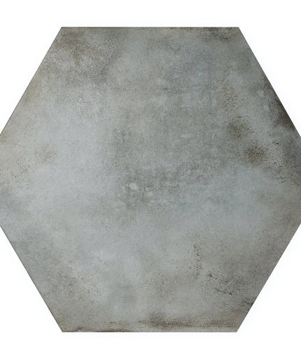 Hexagonal concrete tile with a gray finish on a white background