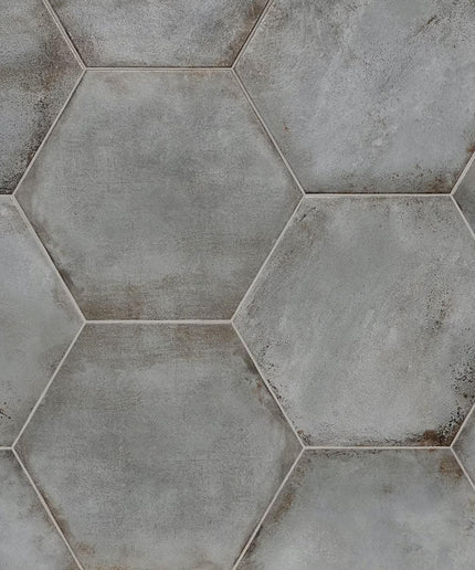 Hexagonal tiles with a concrete-like texture and color pattern