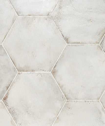 Hexagonal tiles with a light gray and beige pattern