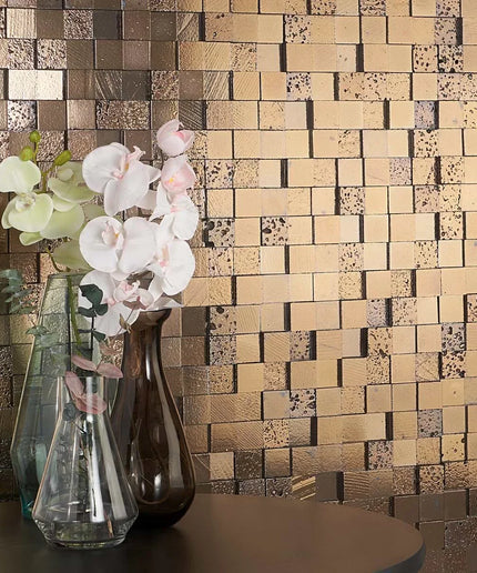 Decorative wall with mosaic tile pattern featuring two vases with flowers.