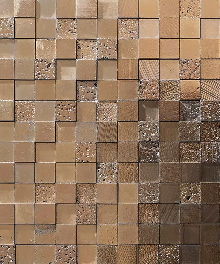 Pattern of square tiles in various shades of brown and beige.