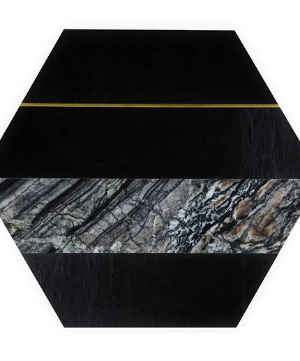 Hexagonal tile with black and marble pattern on a white background