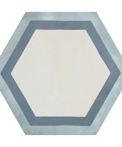 Hexagonal rug with a light blue border on a white background
