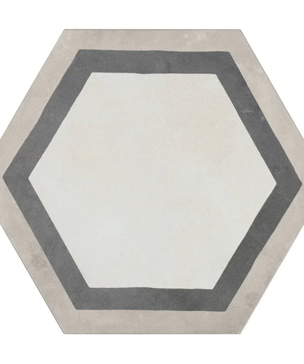 Hexagonal rug with a gray border on a white background