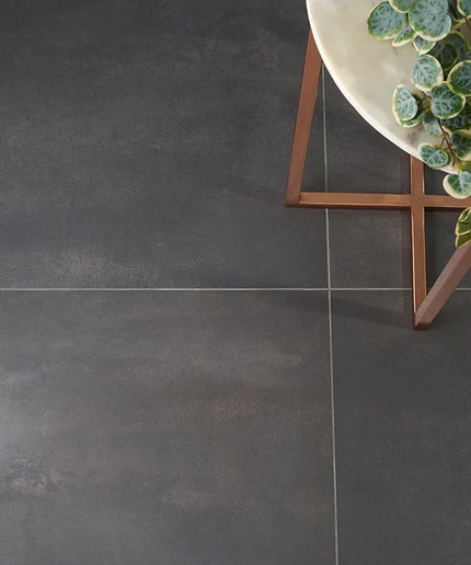 Dark gray tiles with a decorative plant and stand in the corner