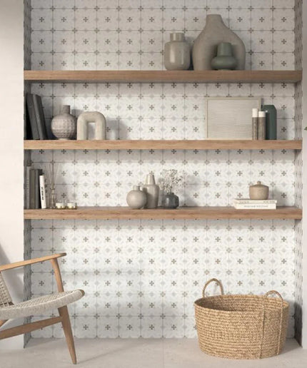 Modern interior with wooden shelves, decorative items, and a plant.