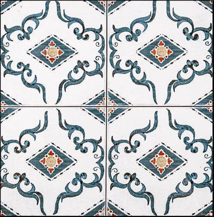 Decorative tiles with intricate patterns and blue accents on a white background
