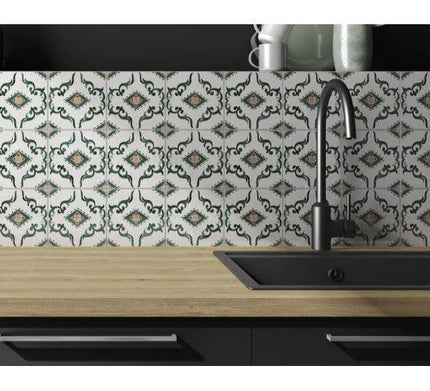 Kitchen with patterned tile backsplash, wooden countertop, and black sink.