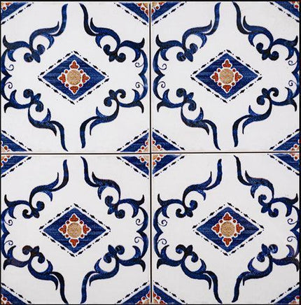 Decorative tiles with blue, white, and red patterns on a white background