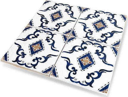 Decorative tiles with blue and brown patterns on a white background