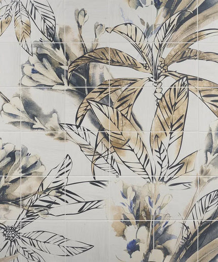 Tile pattern with stylized leaves and flowers on a beige background