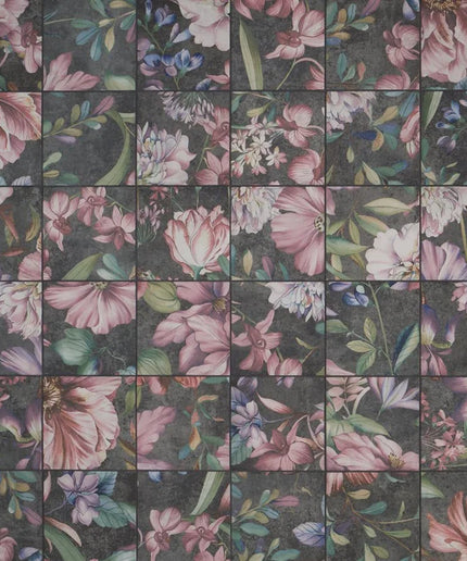 Floral patterned tiles with pink and green flowers on a dark background