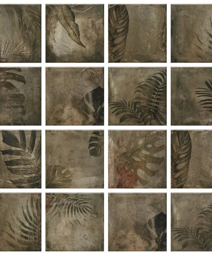 Collection of tiles with leaf patterns in a grid layout