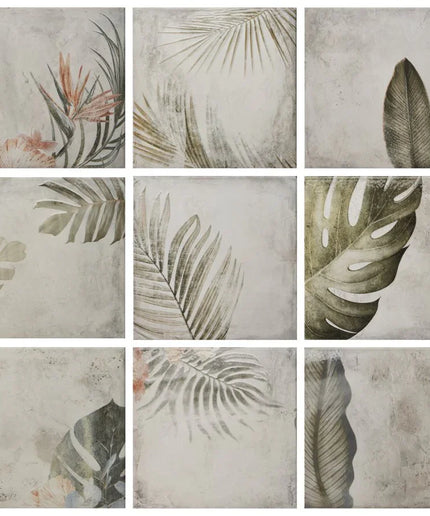 Set of six tiles with tropical leaf patterns on a textured background