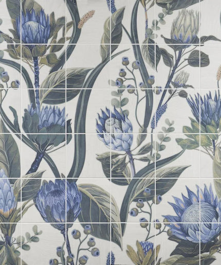 Tile pattern with blue floral and green leaves on a light background