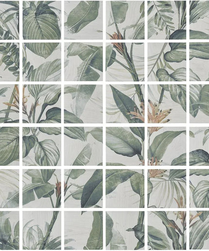 Mosaic pattern of green leaves on a light background