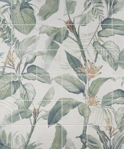 Tile pattern with green leaf design on a light background