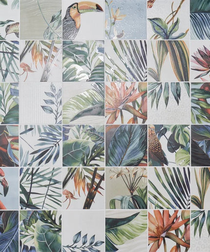 Pattern of tropical leaves and birds on a tiled background