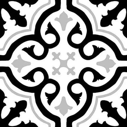 Decorative pattern with black and gray shapes on a white background