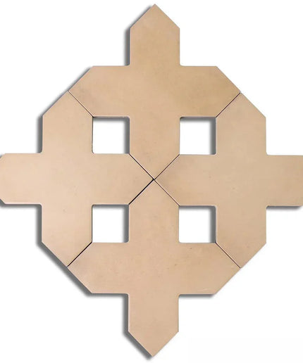 Cardboard tile with geometric cutouts on a white background