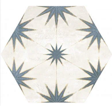 Hexagonal tile with blue starburst pattern on a white background