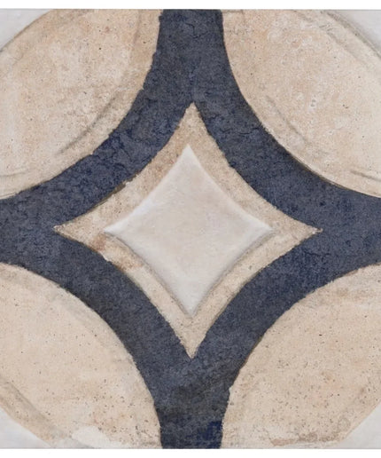 Decorative tile with geometric pattern featuring beige and blue colors.