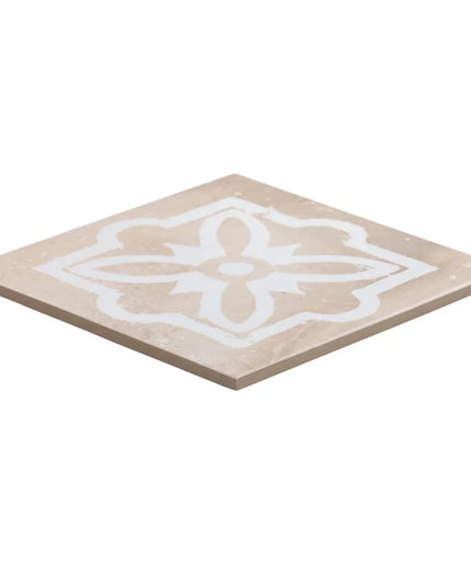 Decorative tile with a white geometric pattern on a beige background