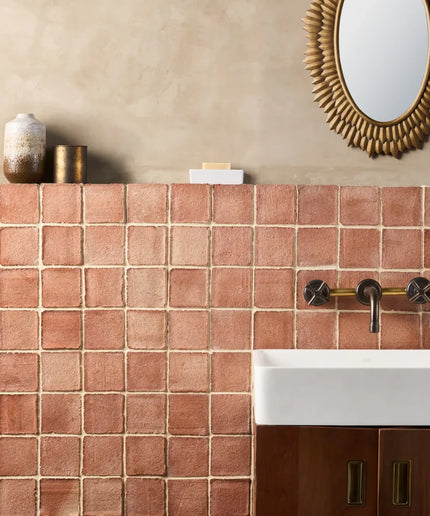 Bathroom with terracotta tiled wall, white sink, and decorative mirror.