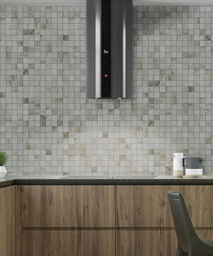 Modern kitchen with wooden cabinets, a tiled backsplash, and a Falmec exhaust hood.