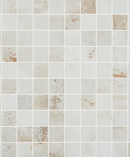 Close-up of a grid of square tiles with a neutral color palette