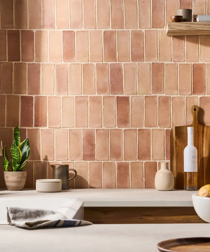 Kitchen with terracotta tiled wall, countertop items, and a wooden cutting board.