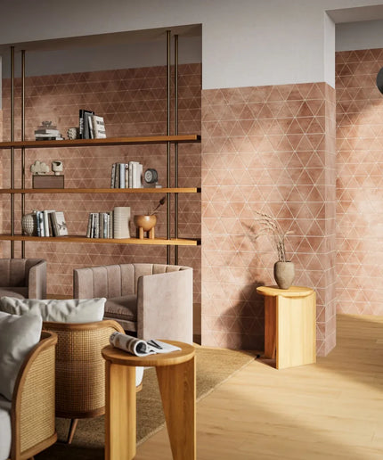 Modern living room with wooden shelves, chairs, and a patterned wall.