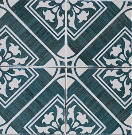 Patterned tiles with blue and white design