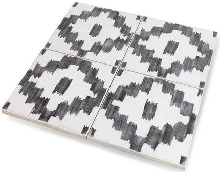 Set of four tiles with a black and white pattern on a white background