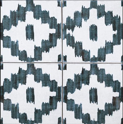 Four tiles with a blue and white geometric pattern