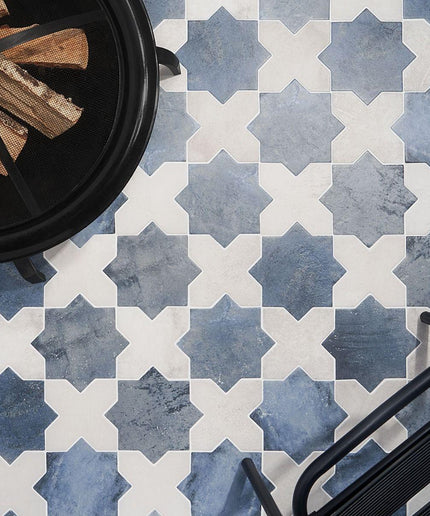 white blue matte 6x6 star cross tiles floor