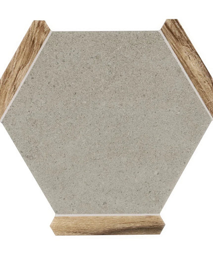 Hexagonal stone coaster with wooden edges on a white background