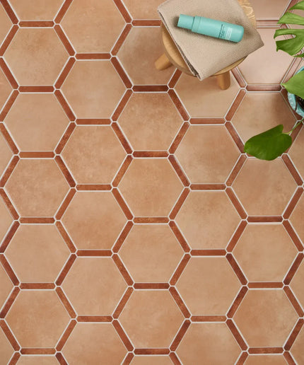 Hexagonal terracotta tiles on a floor with a plant and small stool.