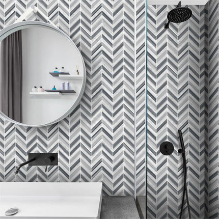 11x12 chevron tiles for walls in kitchens and bathrooms.
