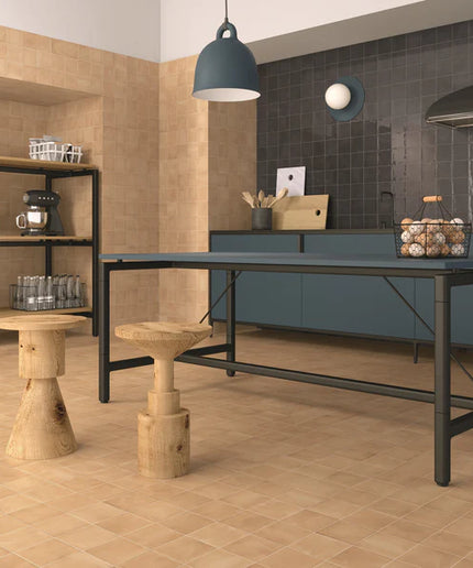Modern kitchen with wooden shelves, stools, and a black dining table.